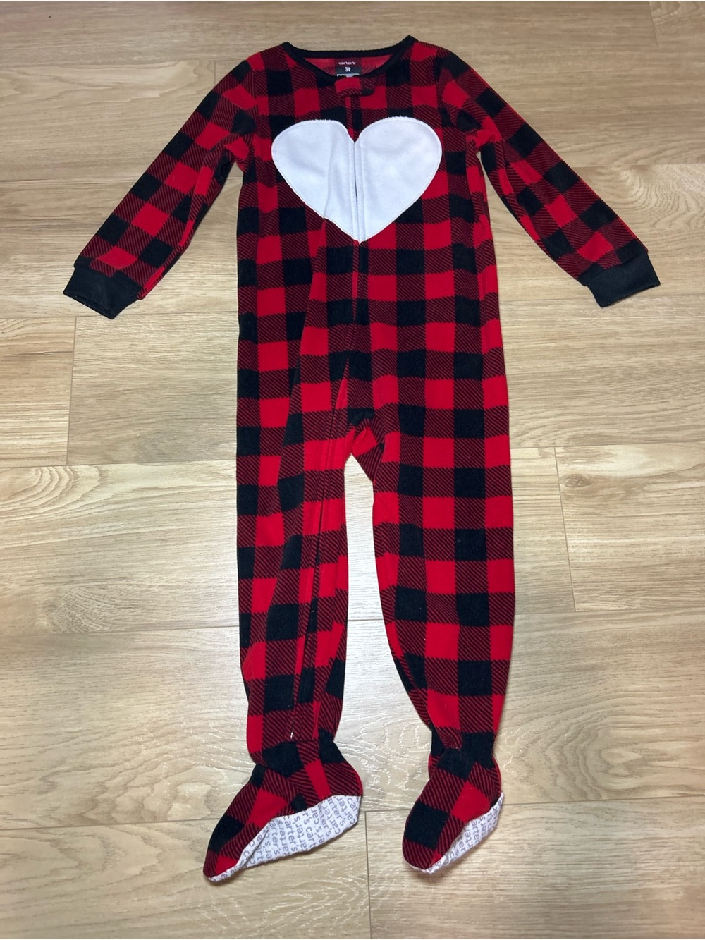 Carter's Red & Black Buffalo Plaid Footed One-Piece with White Heart